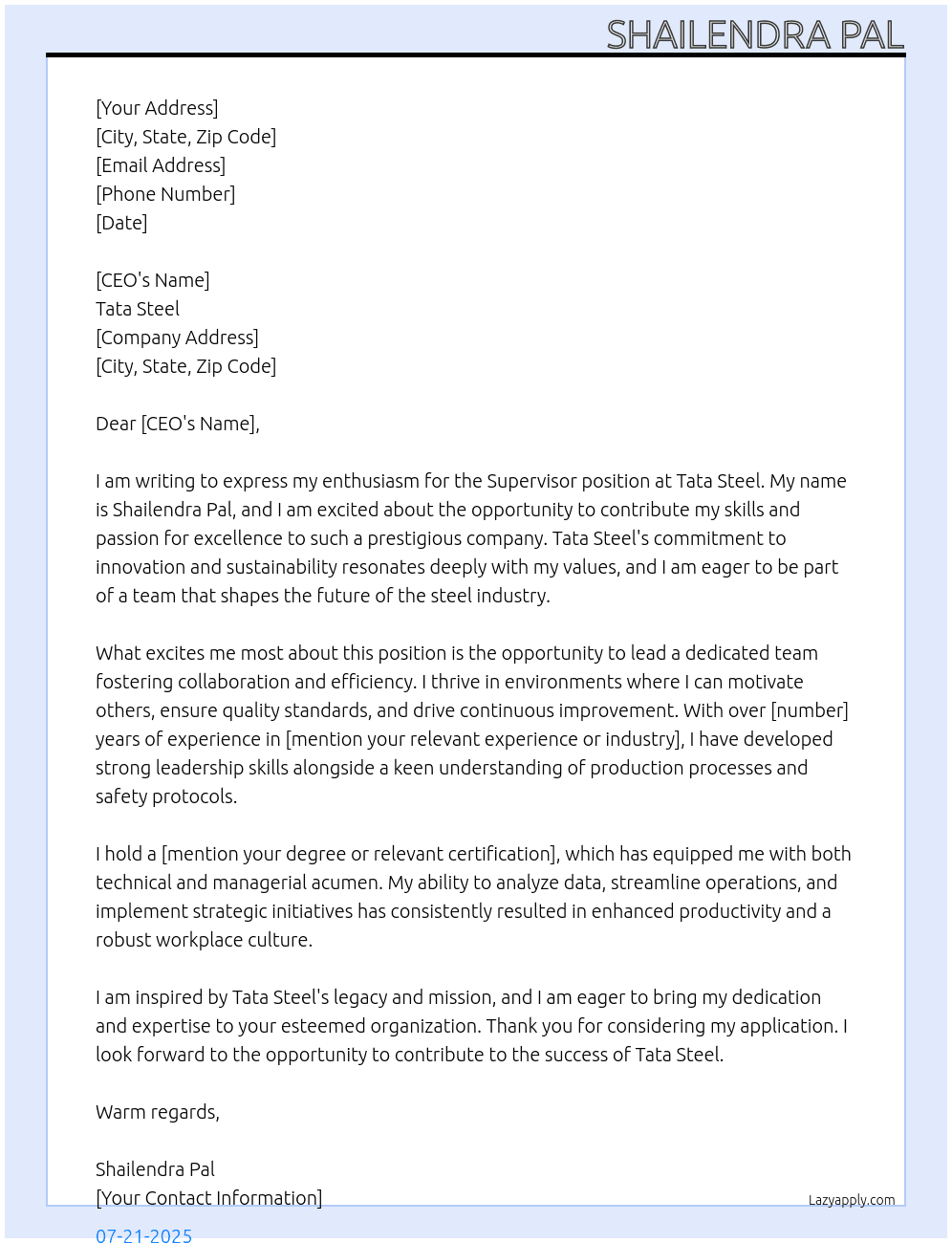 Cover letter for supervisors - LazyApply