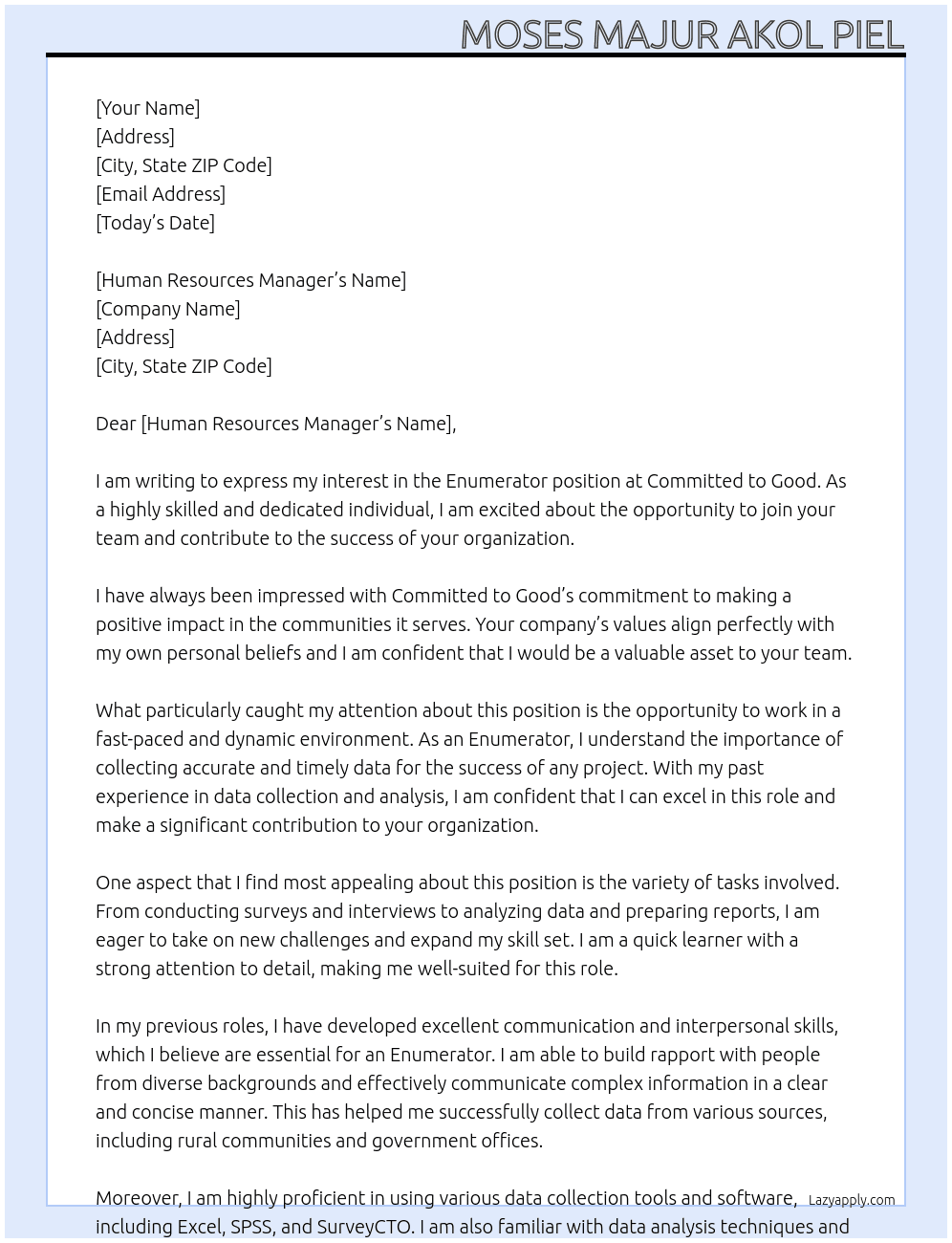 Enumerator At Committed to Good Cover Letter