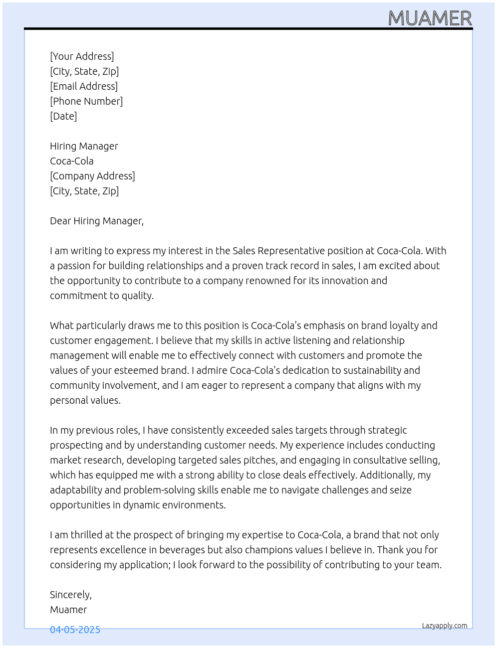 sales representative At Coca-cola Cover Letter