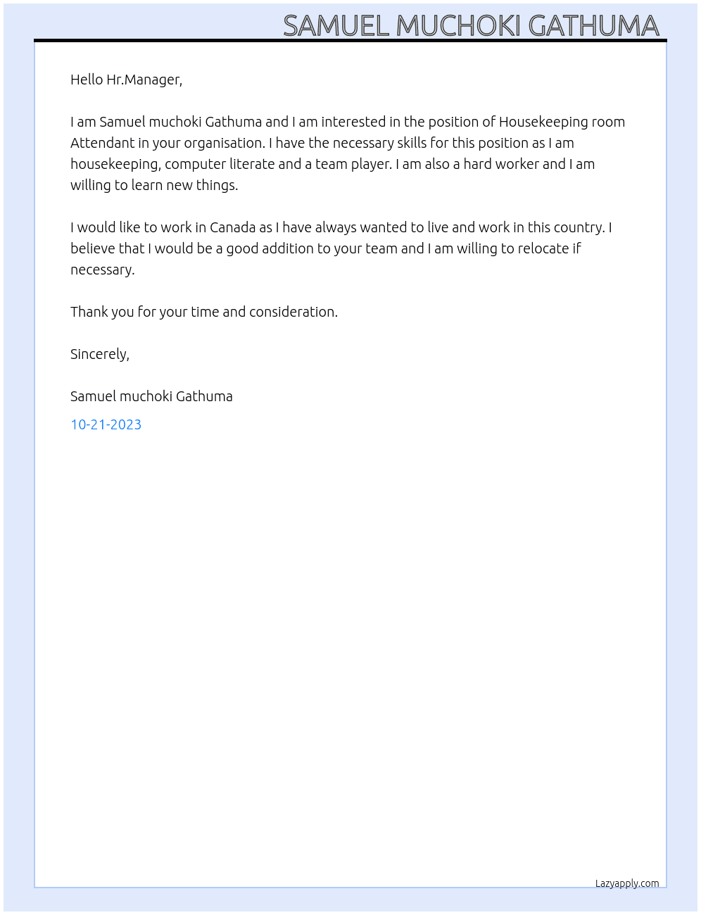 Housekeeping room Attendant  At Organisation  Cover Letter