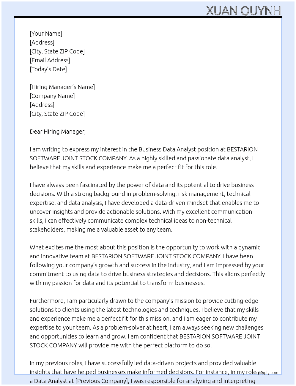 Business Data Analyst At BESTARION SOFTWARE JOINT STOCK COMPANY Cover Letter