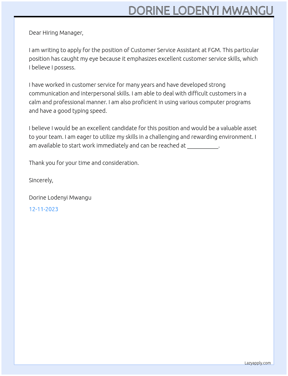 Customer Service Assistant At FGM Cover Letter