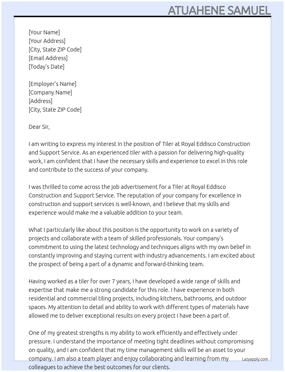 TILER At ROYAL EDDISCO CONSTRUCTION AND SUPPORT SERVICE Cover Letter