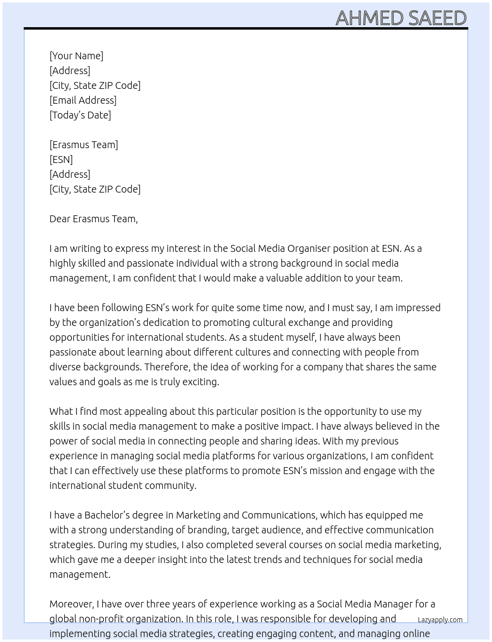 Social Media Organiser  At ESN  Cover Letter