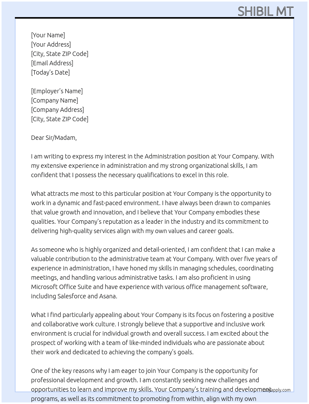 Administration  At Your company  Cover Letter