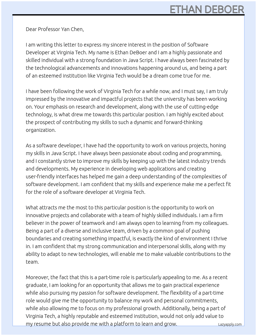 Software Developer At Virginia Tech Cover Letter