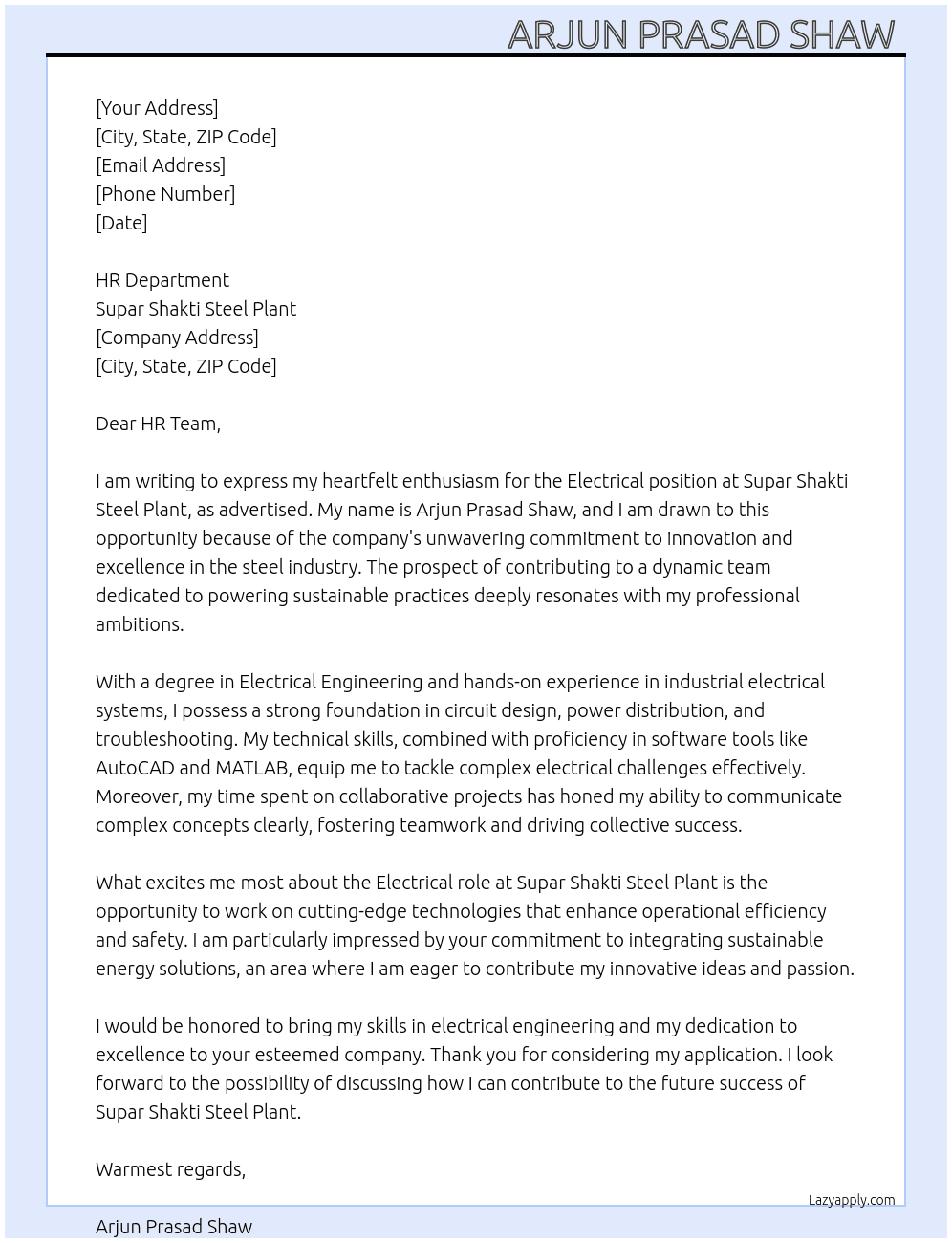 Electrical At Supar shakti steel plant Cover Letter