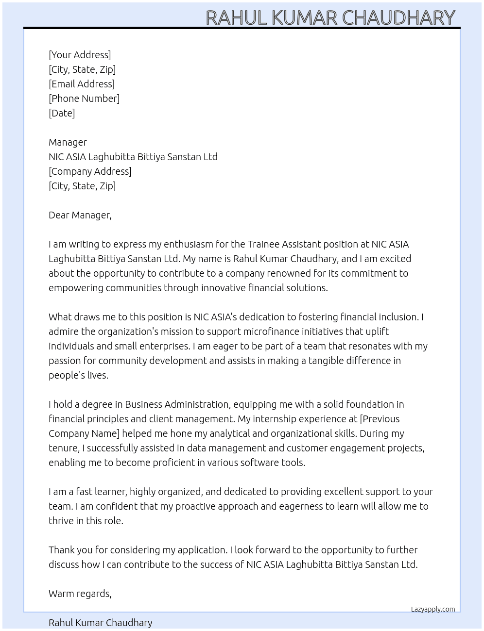 Trainee Assistant  At NIC ASIA Laghubitta Bittiya Sanstan ltd Cover Letter