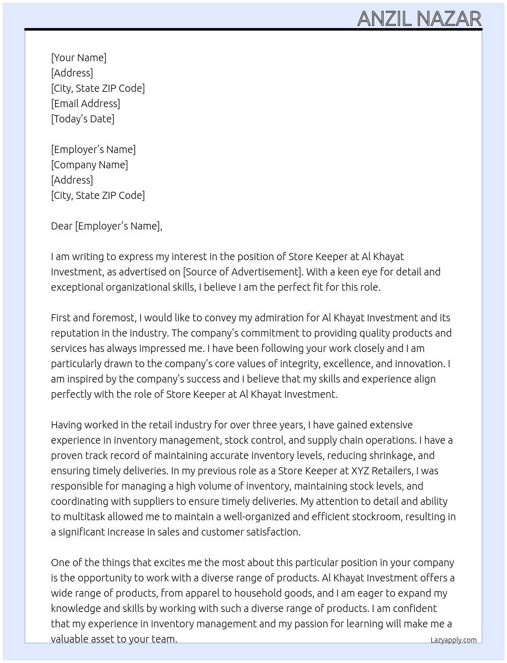 store keeper At Al Khayat investment  Cover Letter