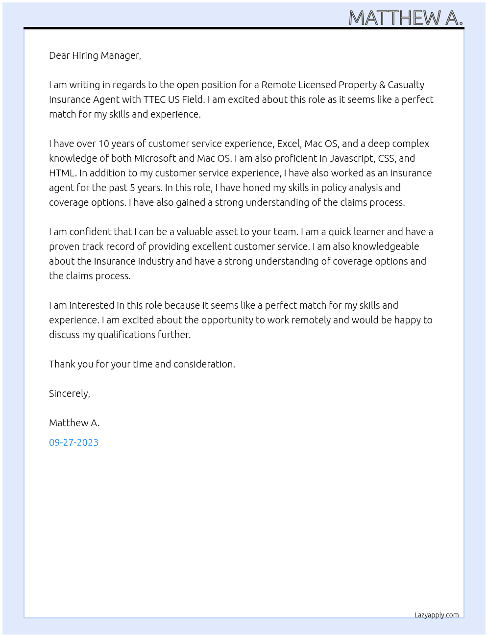 Remote Licensed Property & Casualty Insurance Agent  At TTEC US Field  Cover Letter