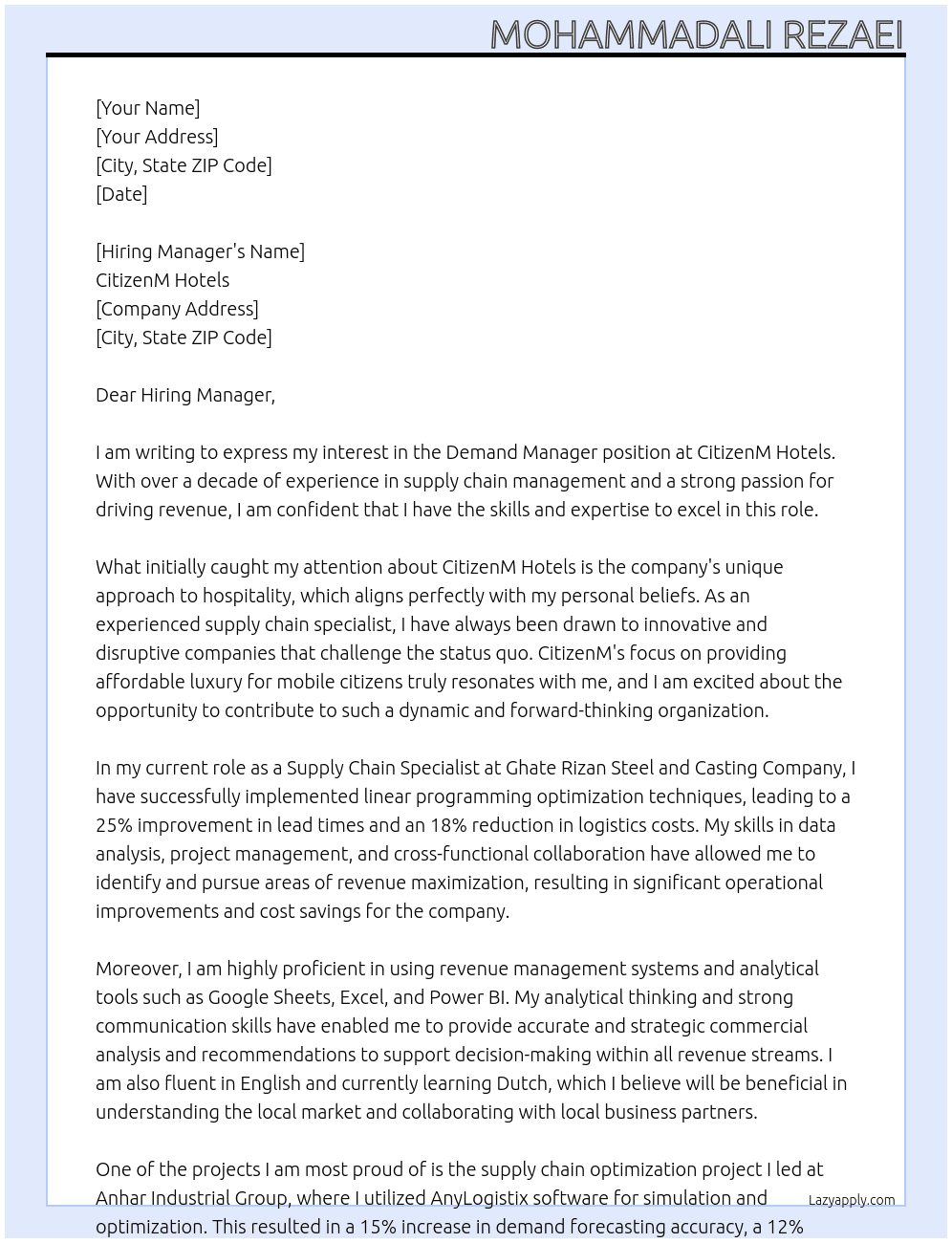 Demand manager At CitizenM hotels Cover Letter