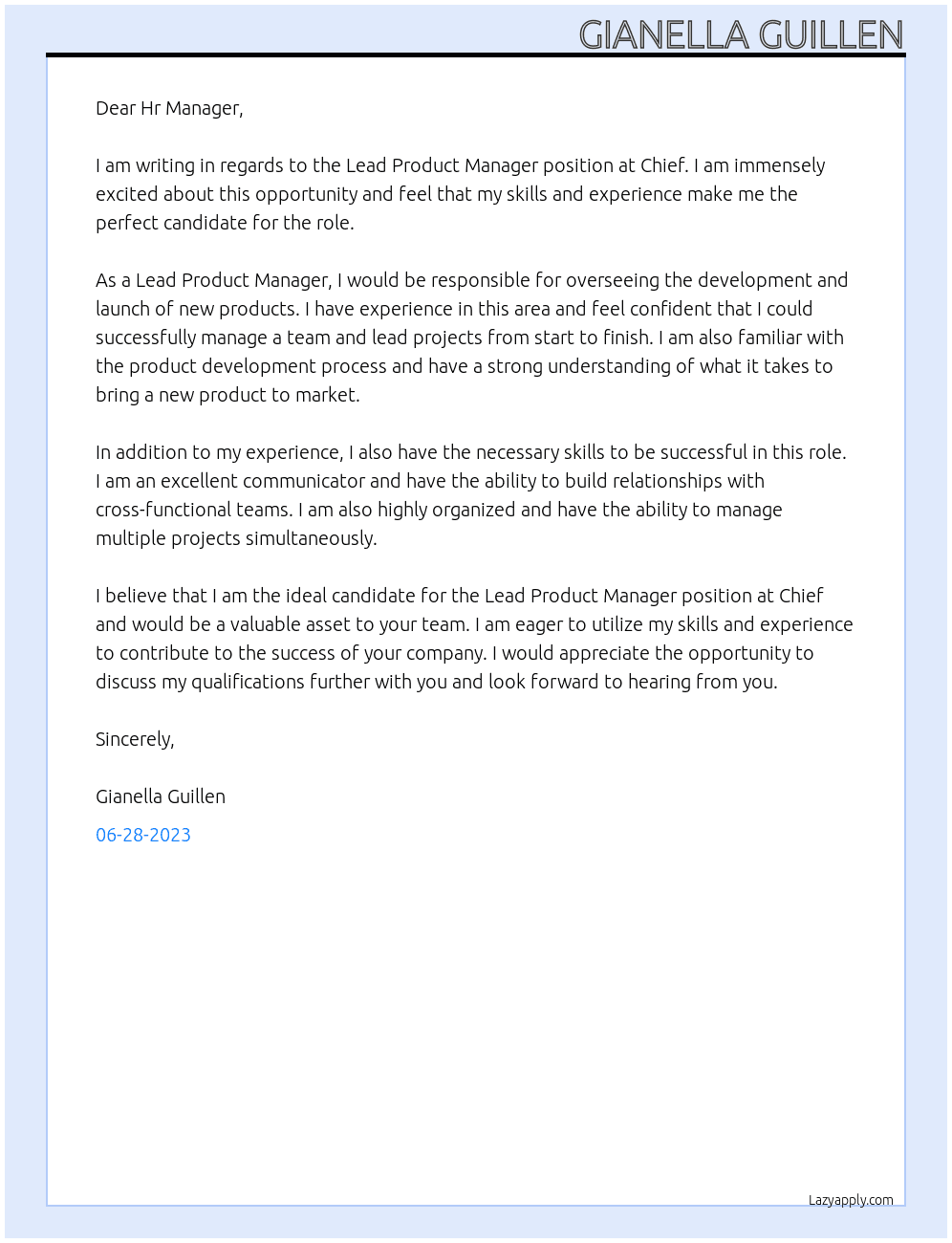 Lead Product Manager At Chief Cover Letter