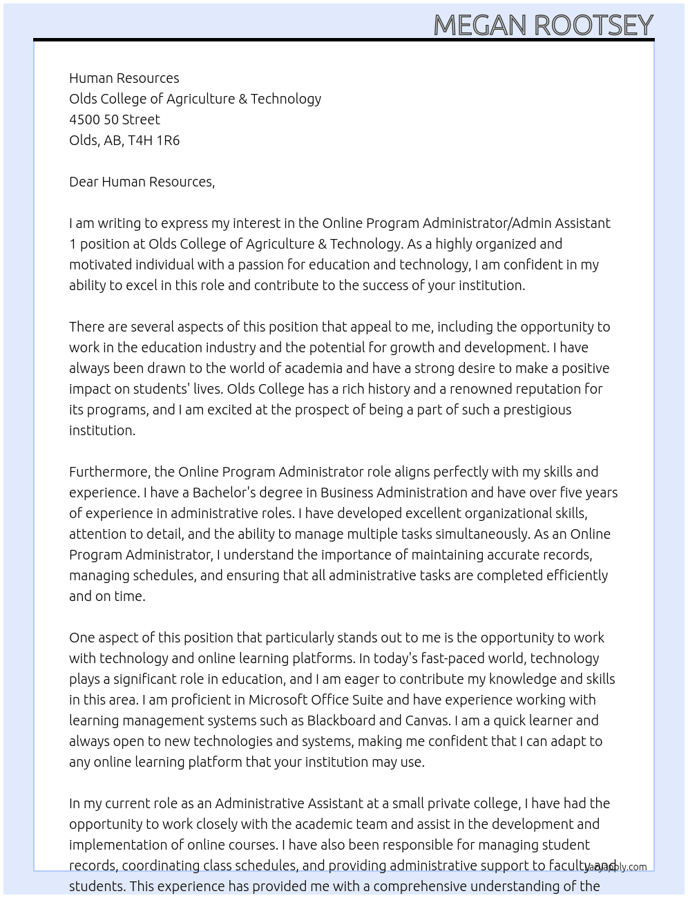 Online Program Administrator, Admin Assistant 1 At Olds College of Agriculture & Technology Cover Letter