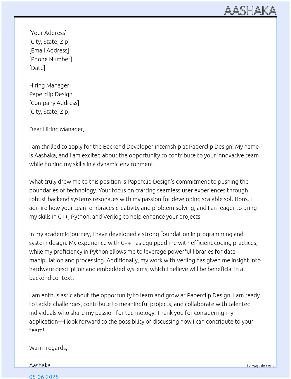 Backend Developer At Paperclip Desgin Cover Letter