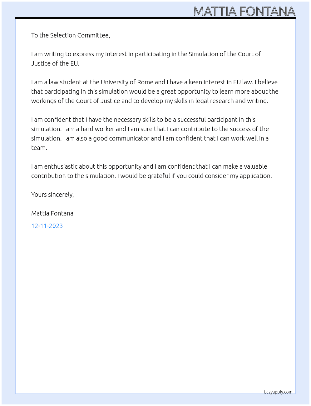CJEU Simulation Participant At Simulation of the Court of Justice of the EU Cover Letter