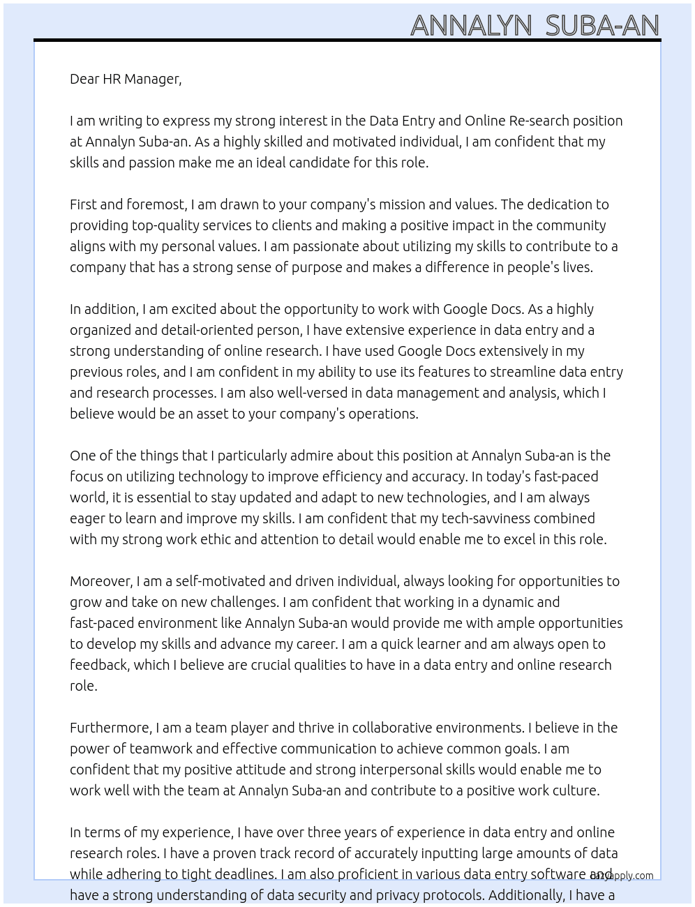 Data Entry, Online Re-search + Google Docs At Annalyn  Suba-an Cover Letter