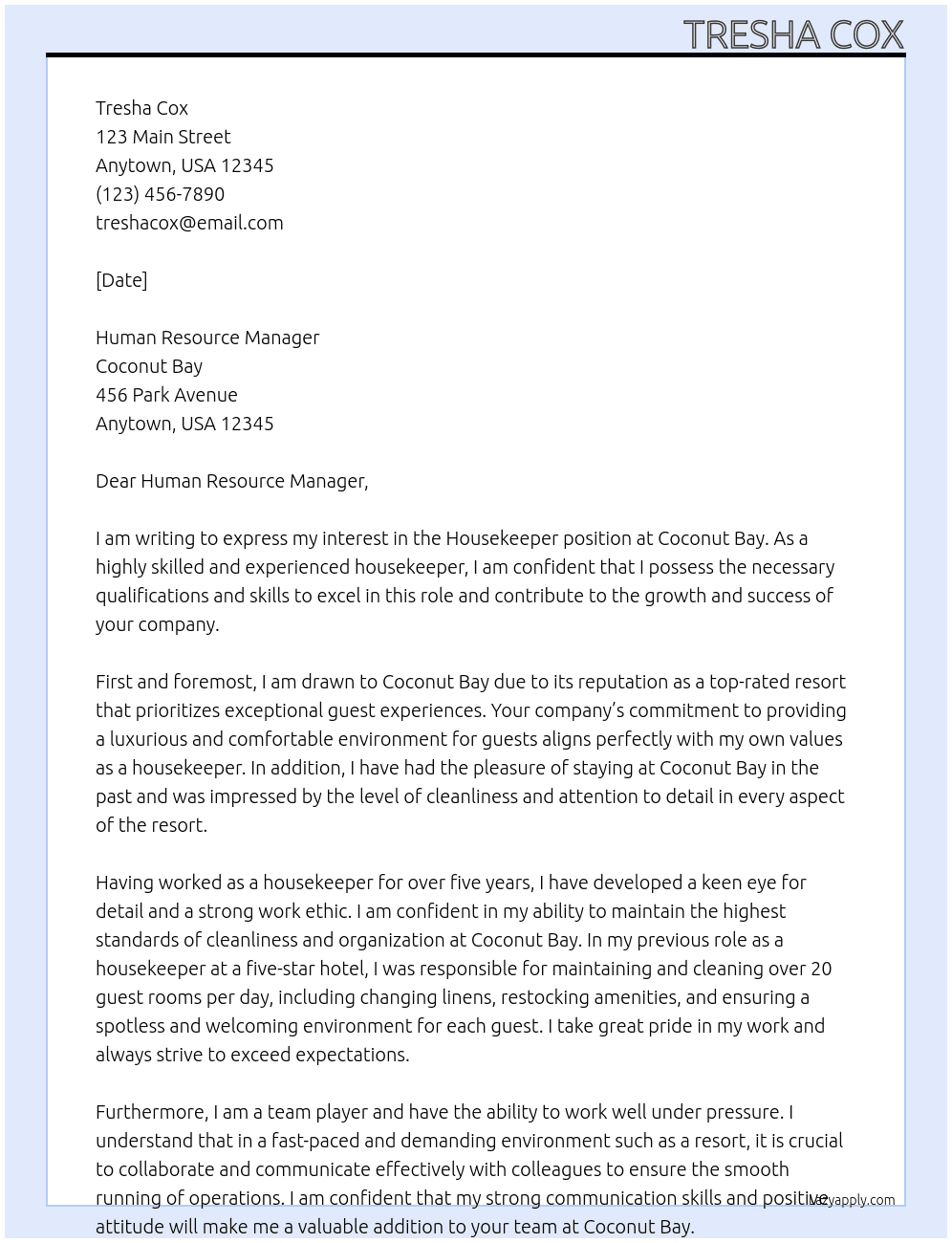 Housekeeper  At Coconut Bay Cover Letter