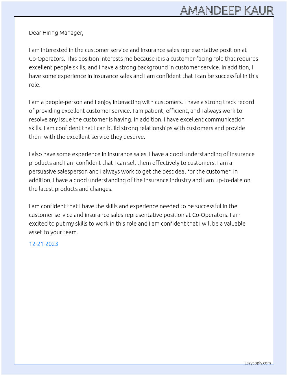 Cutomer service and insurance sales representative At Co-Operators Cover Letter