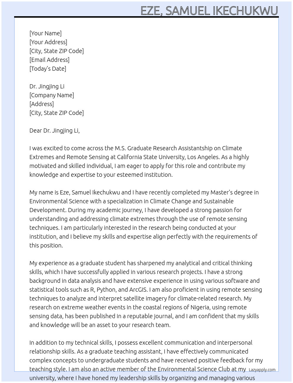 Cover letter for m.s. graduate research assistantship on climate extremes and remote sensing - LazyApply