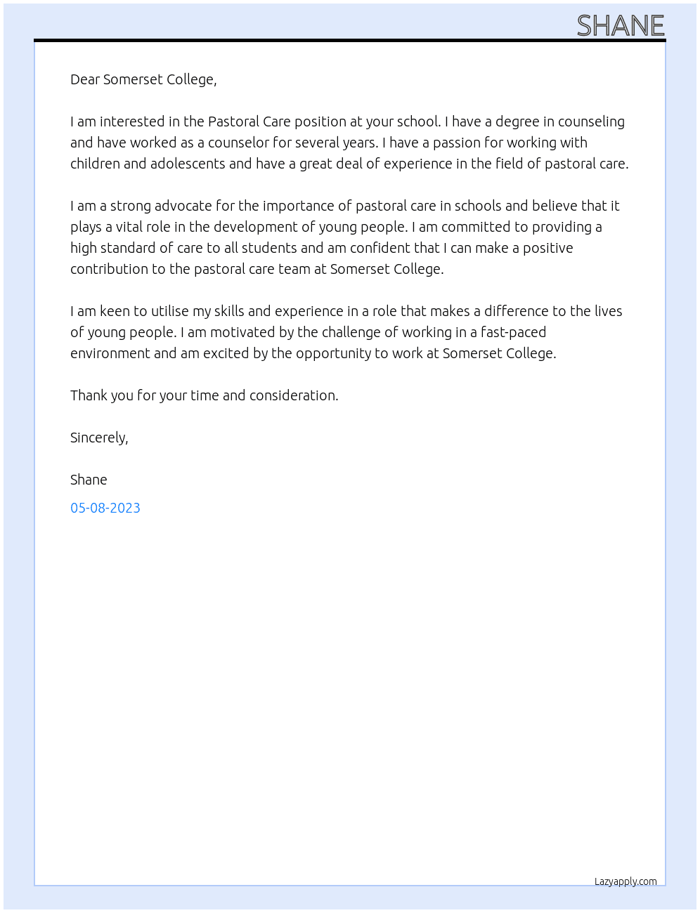 Pastoral Care At Somerset College Cover Letter
