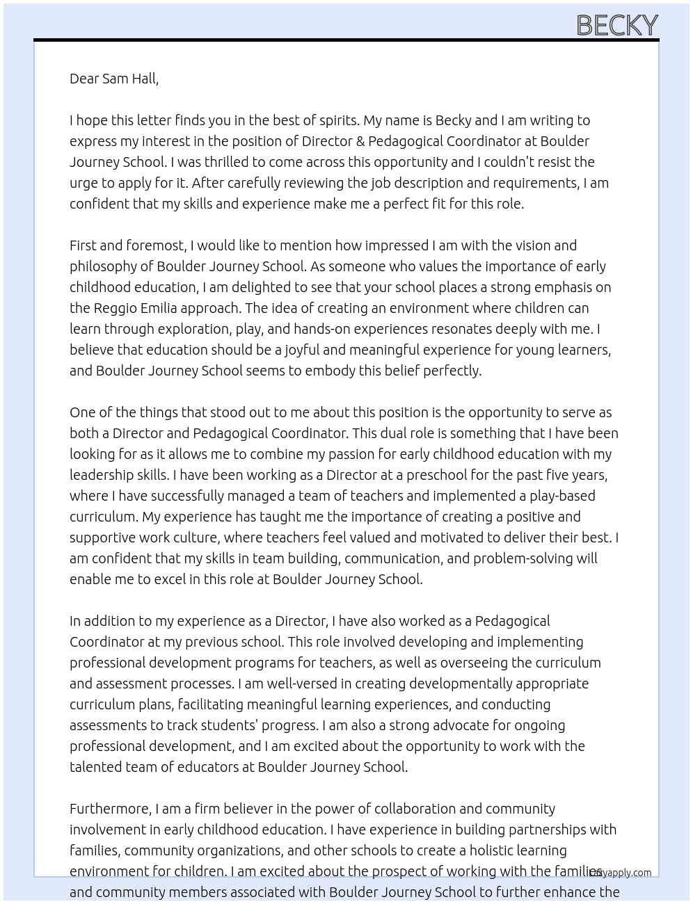 Director & Pedagogical Coordinator At Boulder Journey School Cover Letter