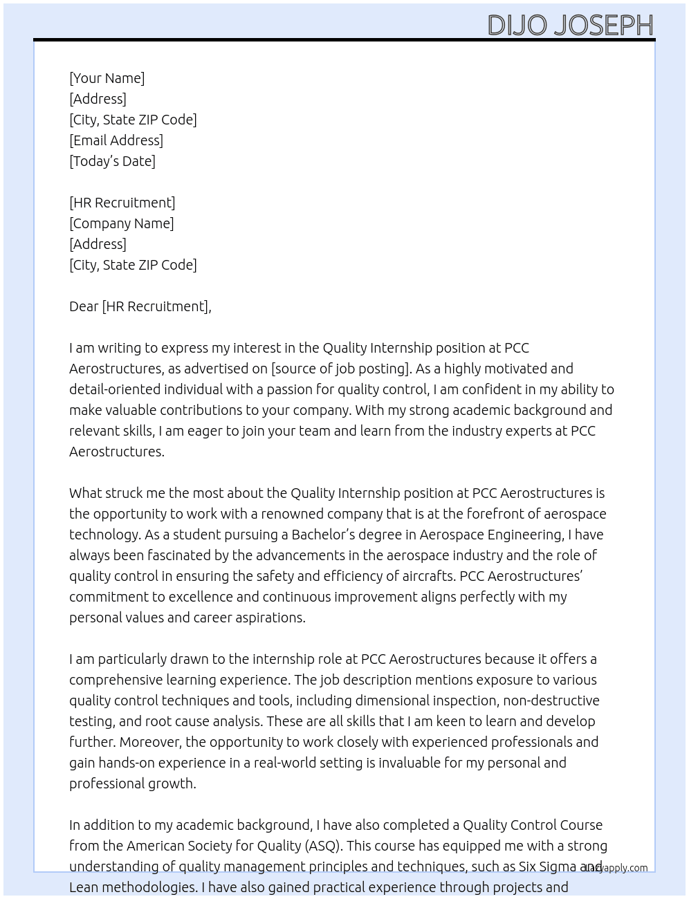 Quality Internship At PCC Aerostructures Cover Letter