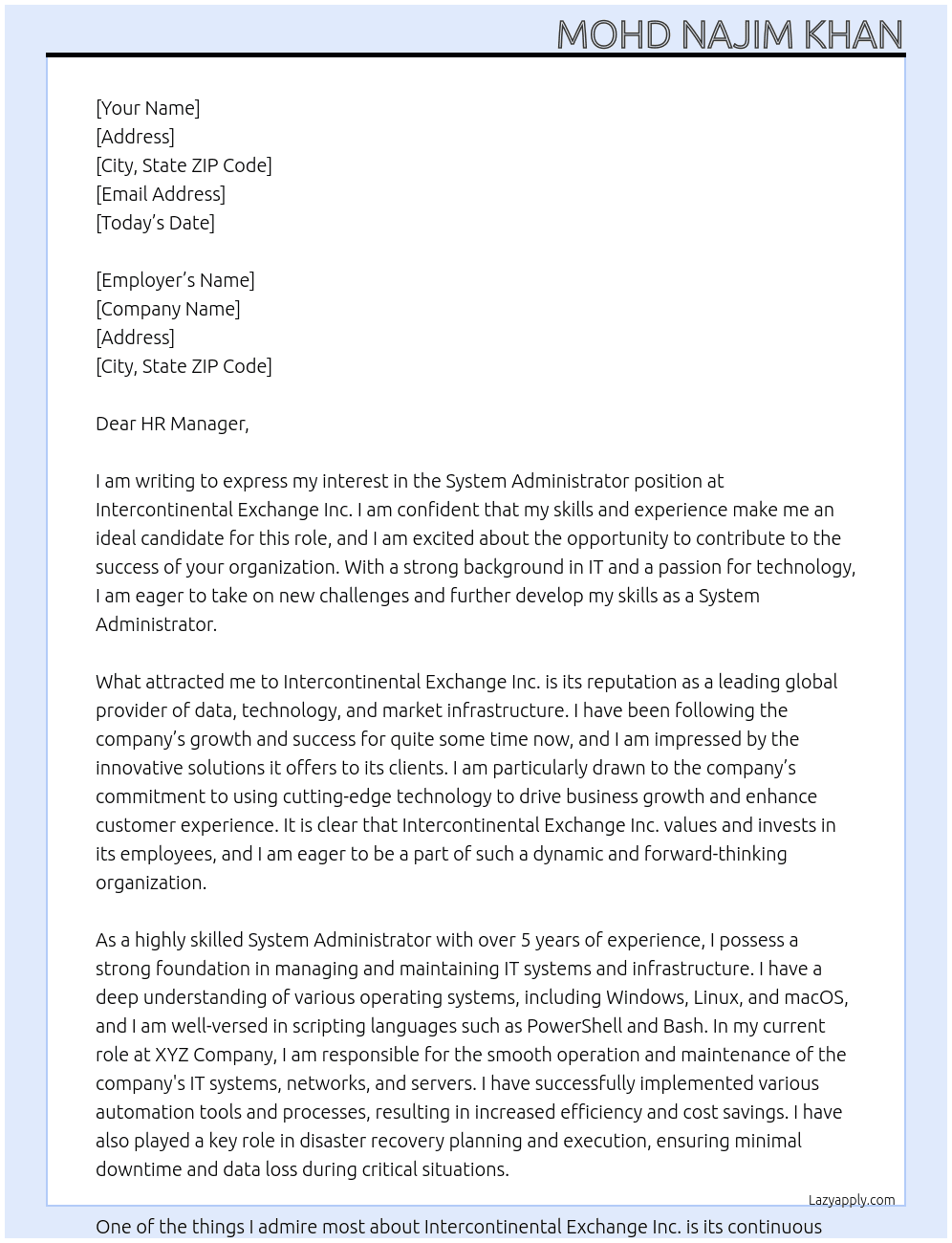 System Administrator At Intercontinental Exchange Inc. Cover Letter