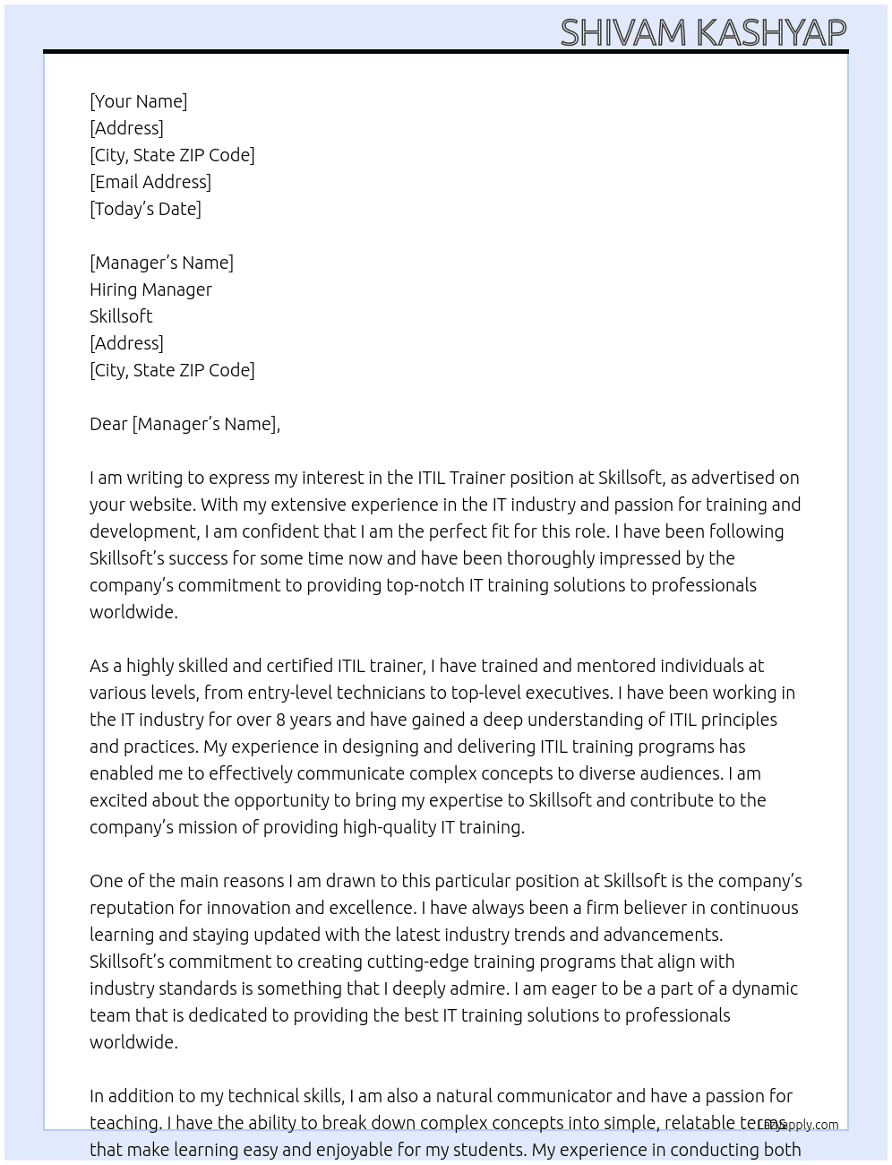  ITIL Trainer At Skillsoft Cover Letter