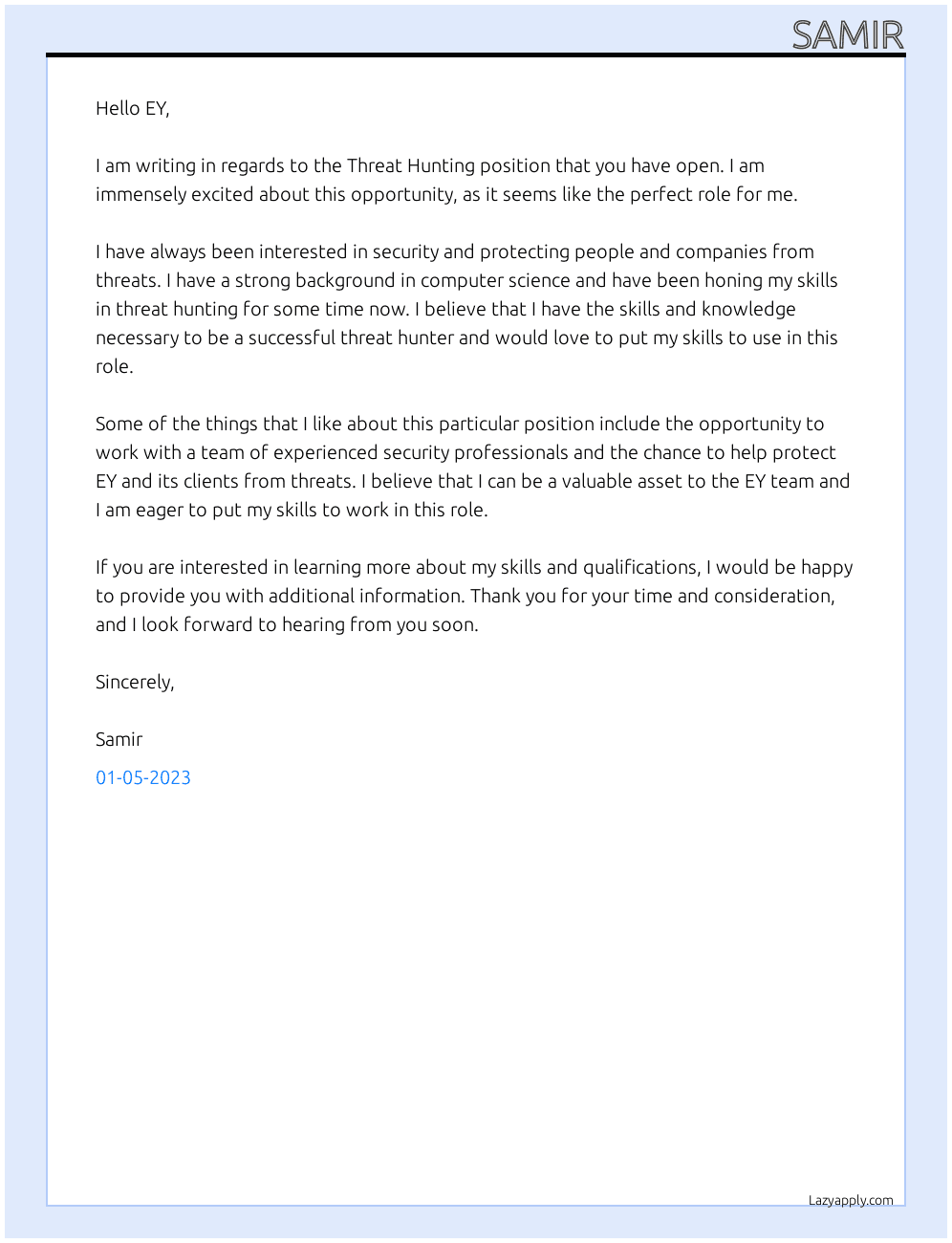 Cover letter for threat hunting - LazyApply