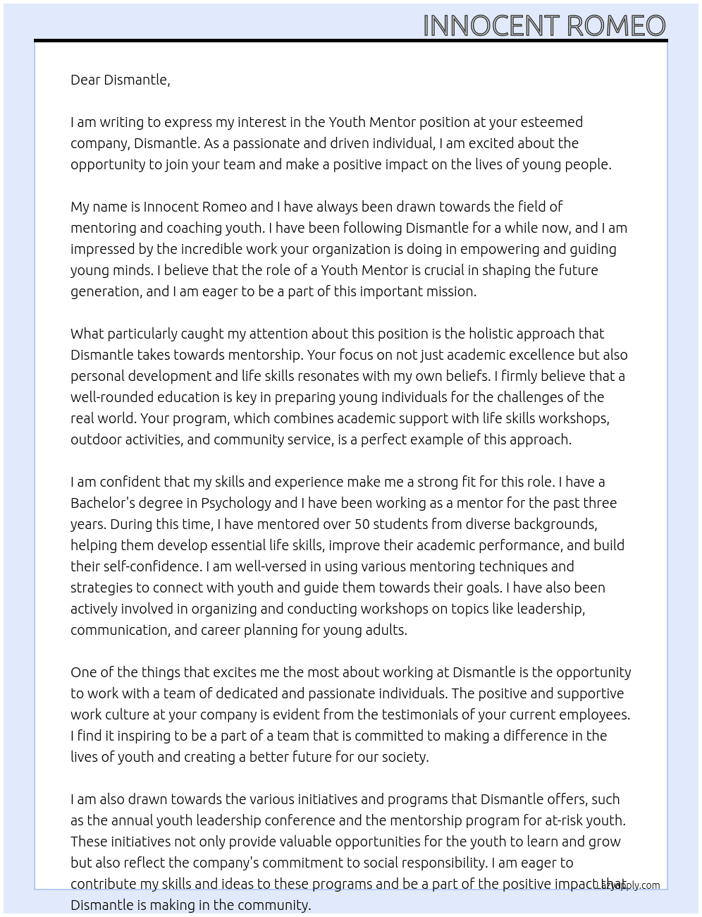 Youth Mentor  At Dismantle  Cover Letter