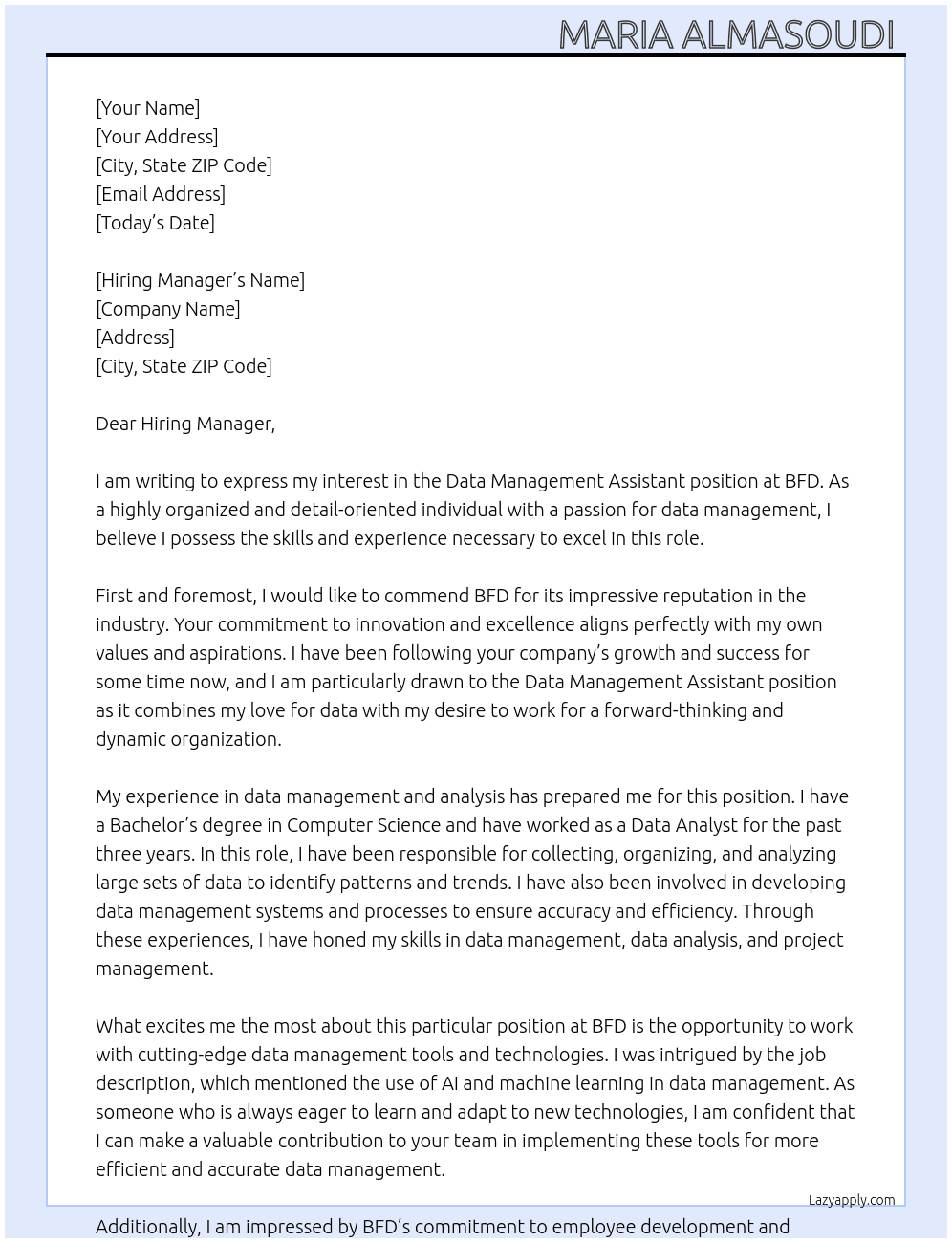 Data management assistant  At BFD Cover Letter
