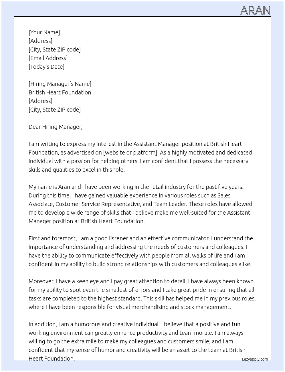 Assistant manager  At British Heart Foundation  Cover Letter