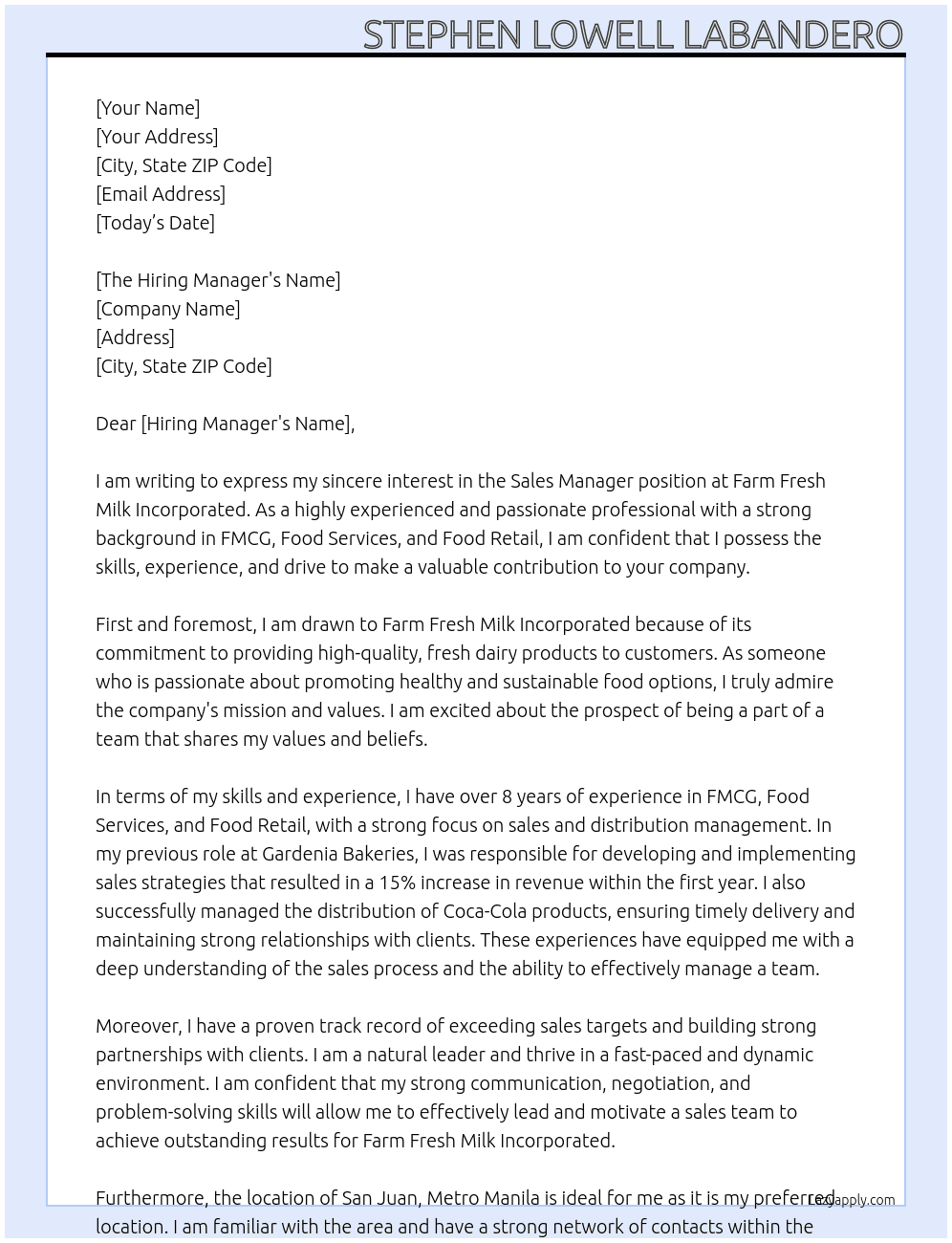 Sales Manager At Farm Fresh Milk Incorporated Cover Letter