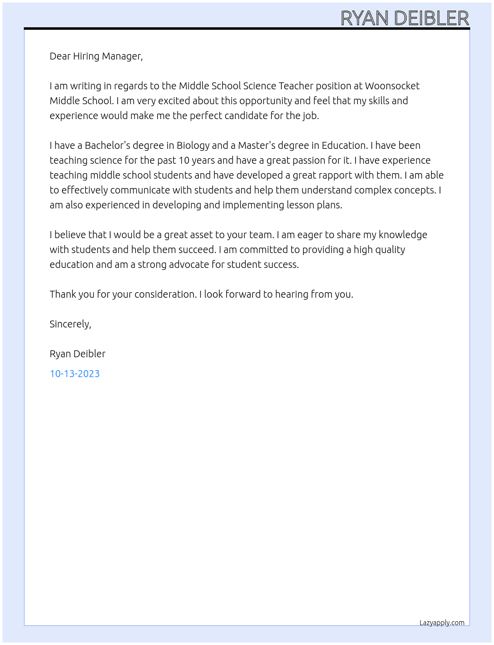 Middle School Science Teacher At Woonsocket Middle School Cover Letter