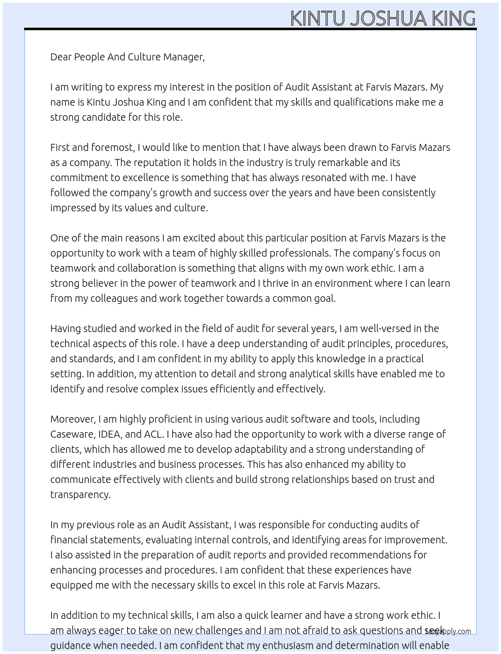 Audit assistant  At Farvis Mazars Cover Letter