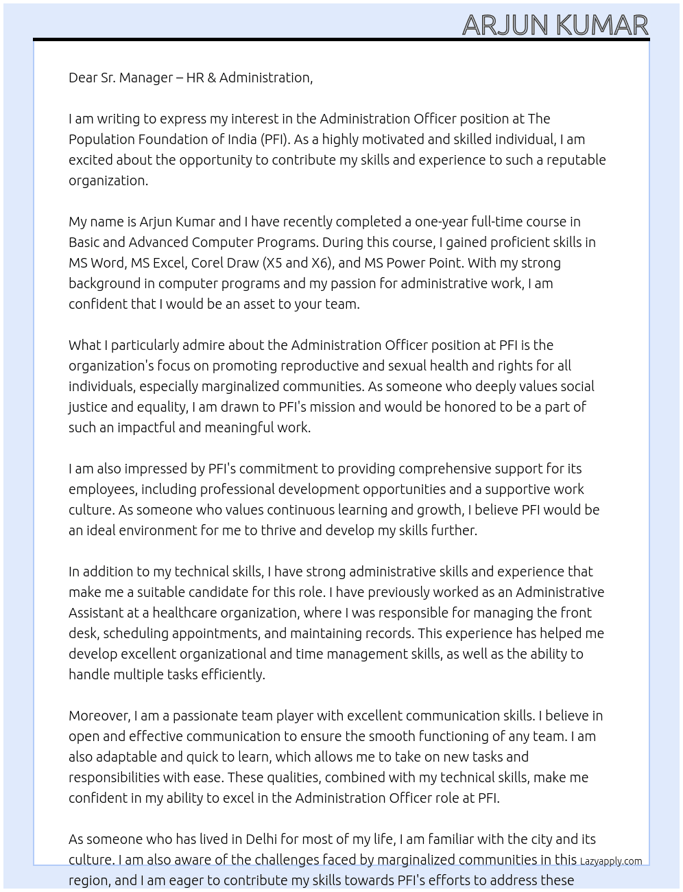 Administration Officer  At The Population Foundation of India (PFI) Cover Letter