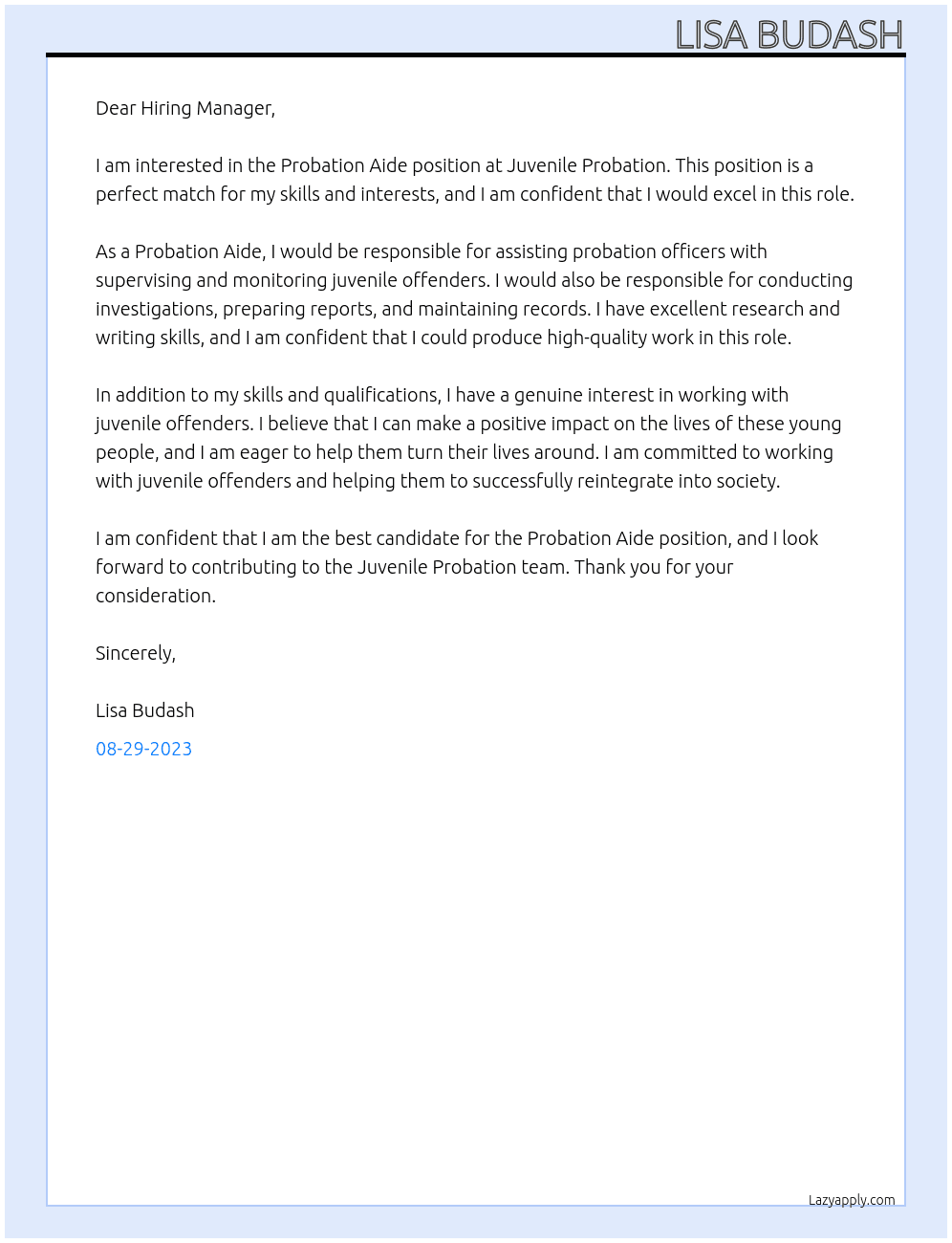 Probation Aide At Juvenile Probation  Cover Letter