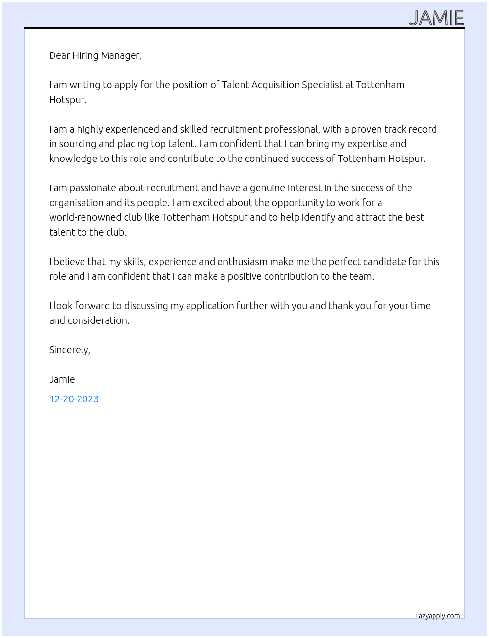 Talent Acquisition Specialist At Tottenham Hotspur Cover Letter