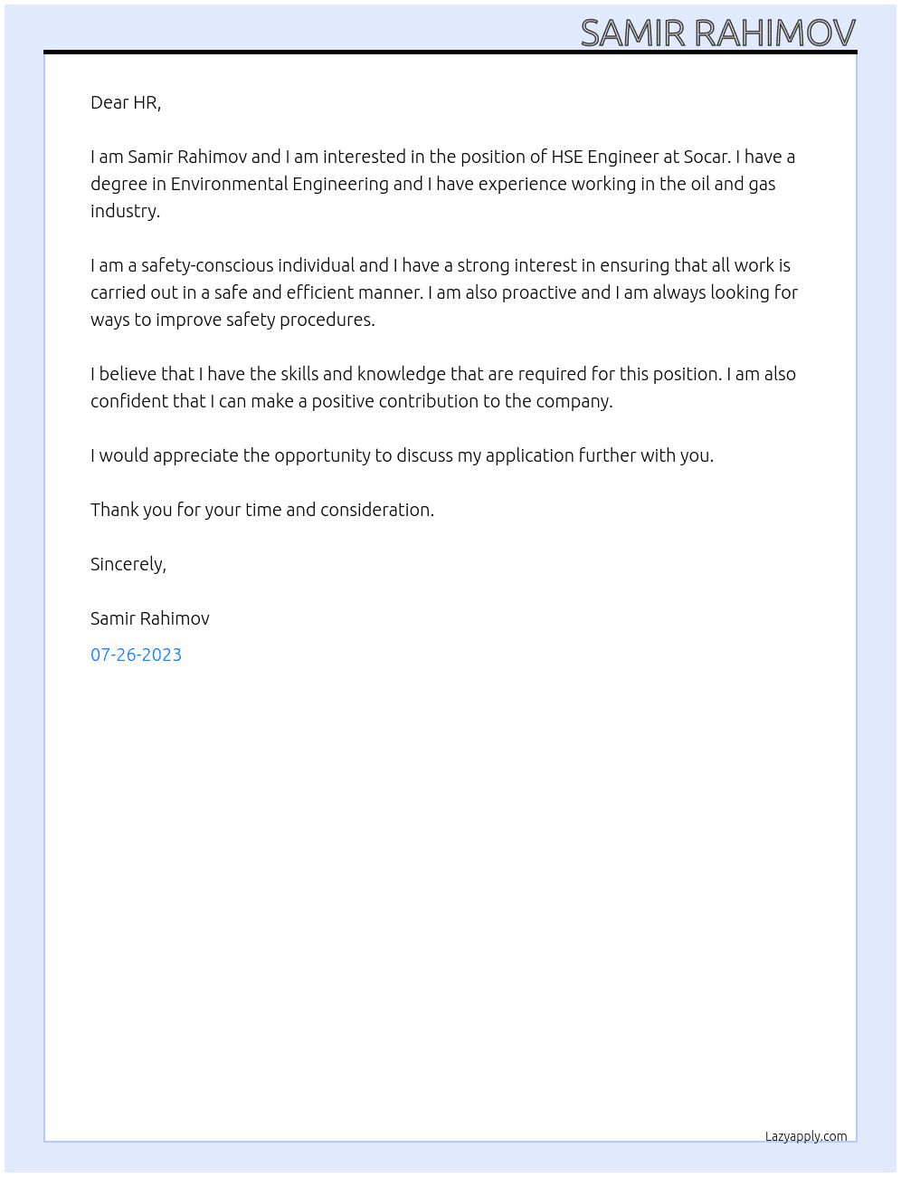 HSE Engineer At Socar Cover Letter