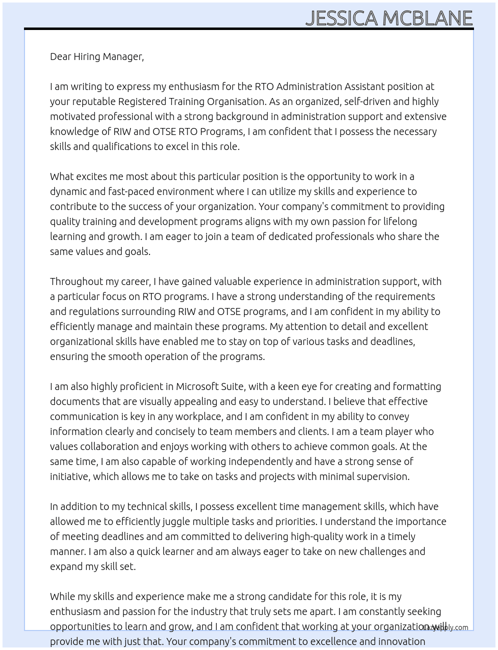 RTO Administration Assistant At reputable Registered Training Organisation Cover Letter