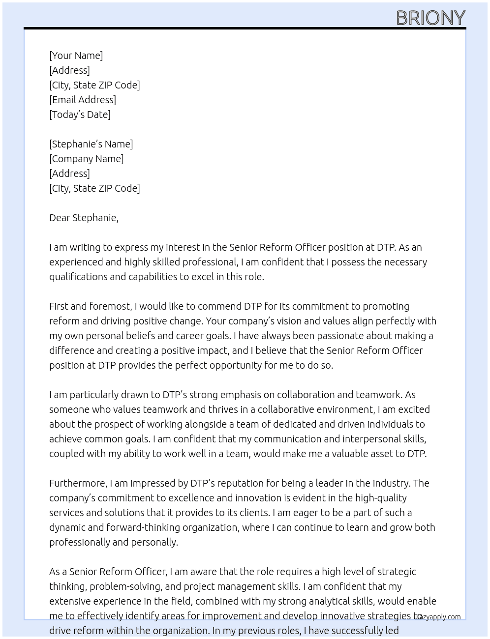 Senior reform officer At DTP Cover Letter