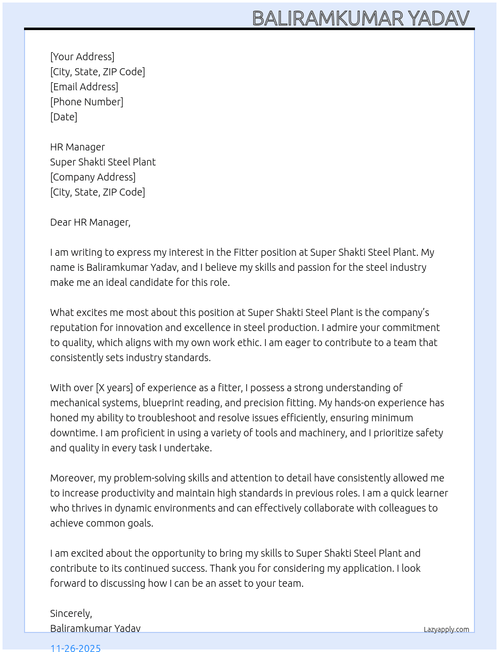 FITTER  At SUPER SHAKTI STEEL PLANT Cover Letter