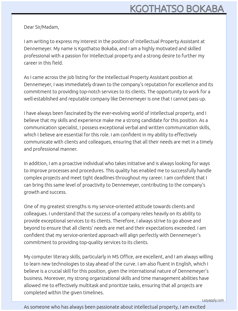 Intellectual Property Assistant  At Dennemeyer Cover Letter
