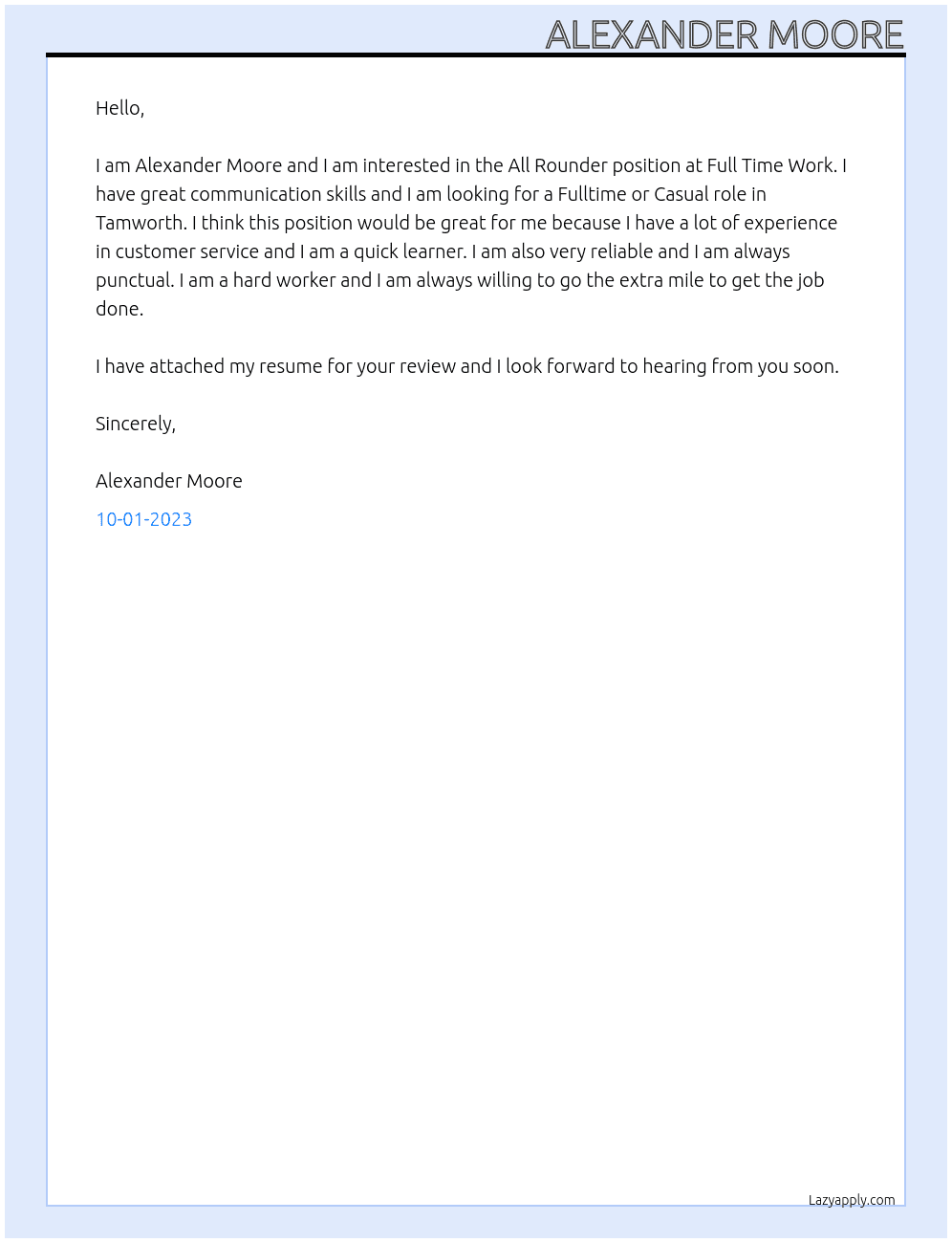 All Rounder At Full Time Work Cover Letter
