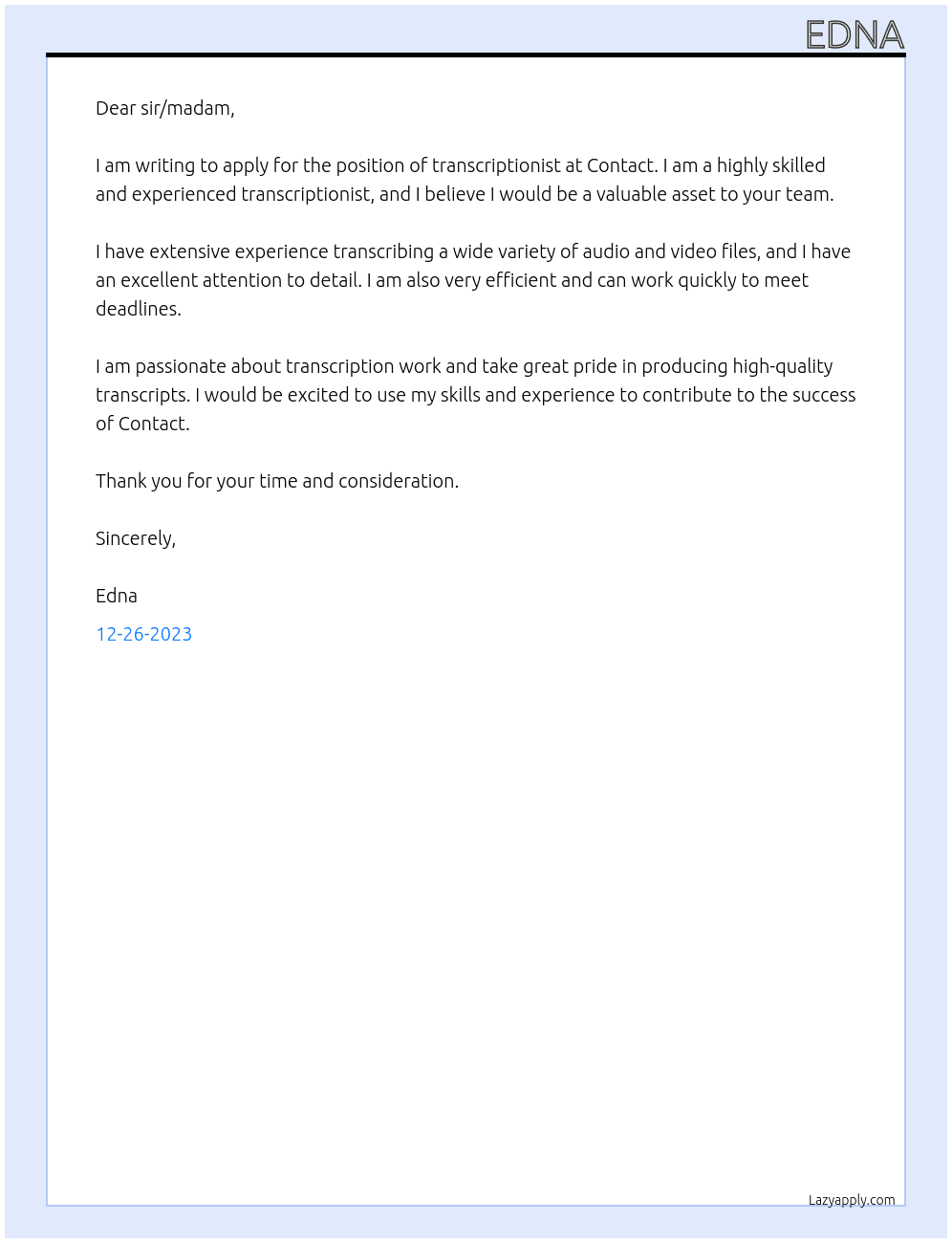 transcriptionist At contact Cover Letter