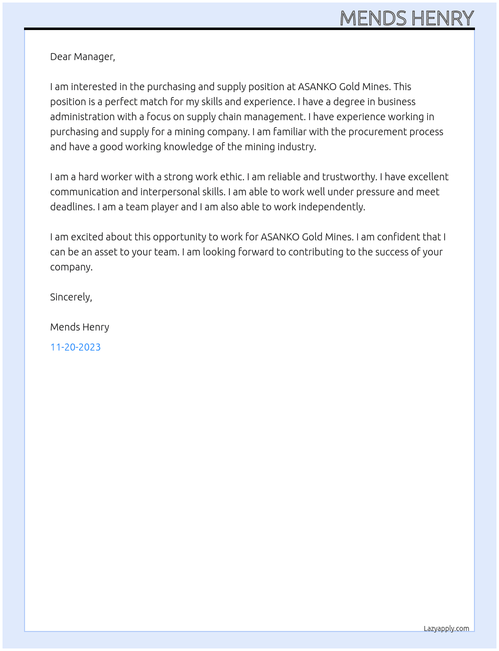 Purchasing and supply  At ASANKO GOLD MINES Cover Letter
