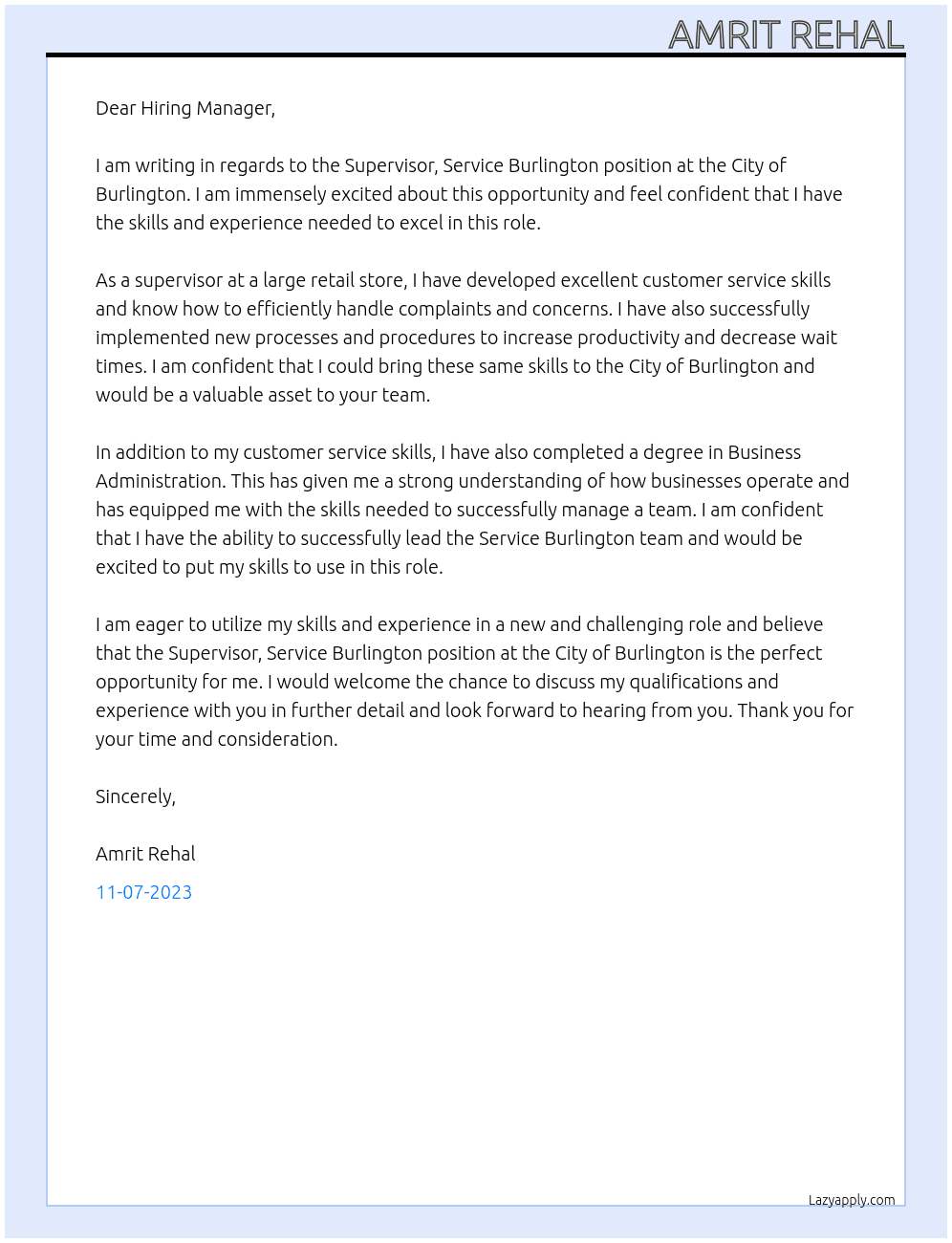 Supervisor, Service Burlington At City of Burlington Cover Letter