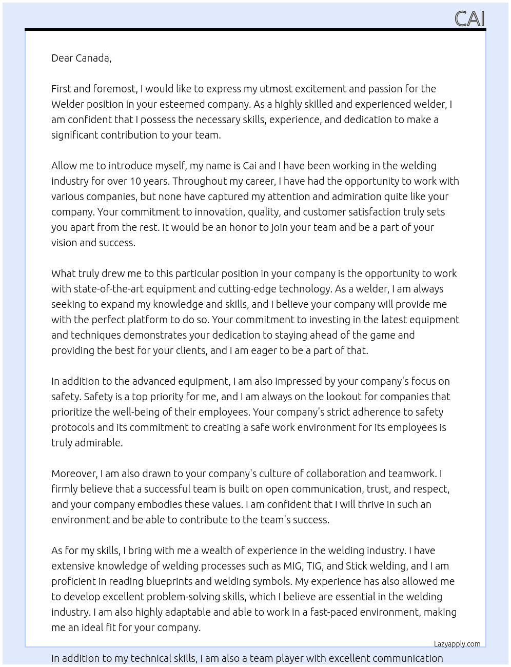 Welder At Canada Cover Letter