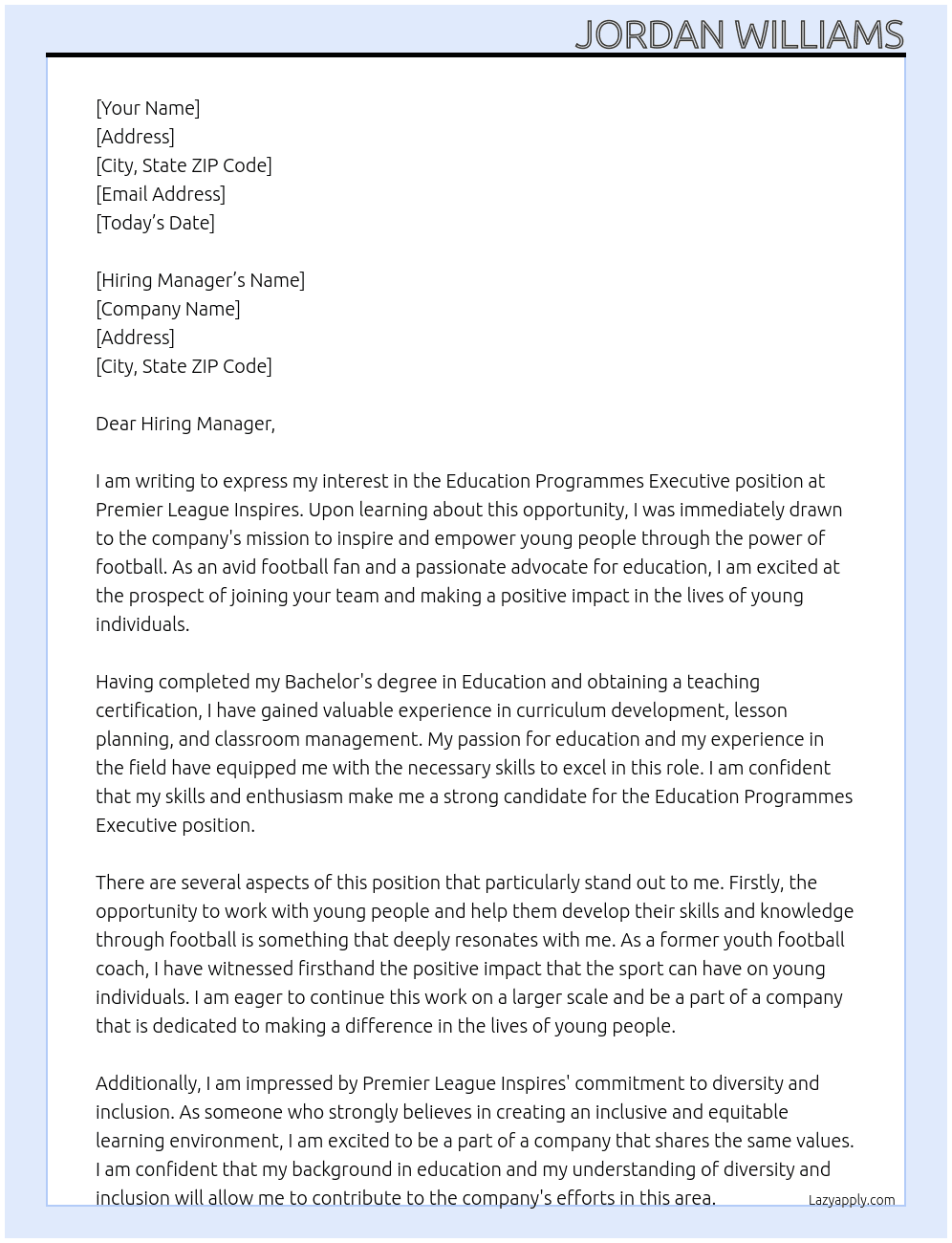 Education Programmes Executive At Premier League Inspires Cover Letter