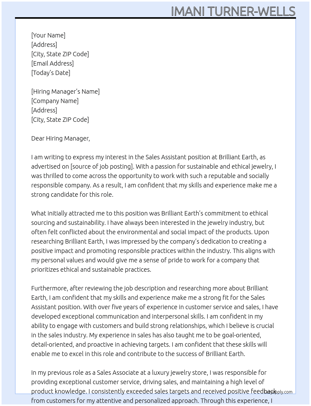 Sales Assistant At Brilliant Earth Cover Letter